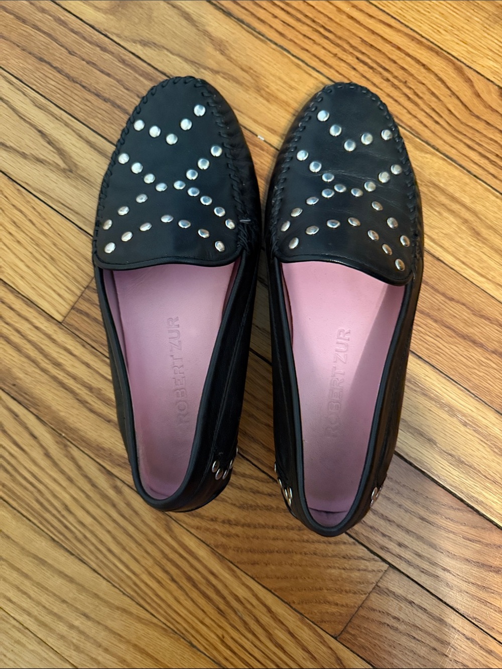 Robert Zur Black Leather Studded Loafers with Pink Insole